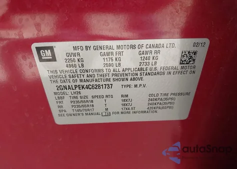 2012 Chevrolet Equinox 2Lt z USA, uszkodzony, nr VIN 2GNALPEK4C6281737